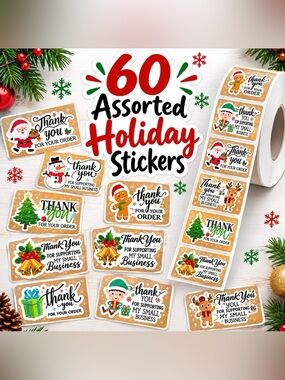 6️⃣0️⃣ Assorted Holiday Thank You Sticker Pack - Christmas Season